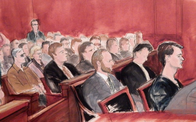 In this courtroom drawing, Ross Ulbricht, right, appears in federal court in New York for sentencing, Friday, May 29, 2015. Ulbricht, 31, who created the underground drug-selling website Silk Road was sentenced Friday to life in prison by a judge who cited six deaths from drugs bought on his site and five people he tried to have killed. Three rows behind Ulbricht, at left rear in the brown jacket is his father, Kirk Ulbricht, and next to him, mother, Lyn Ulbricht. (Elizabeth Williams via AP)